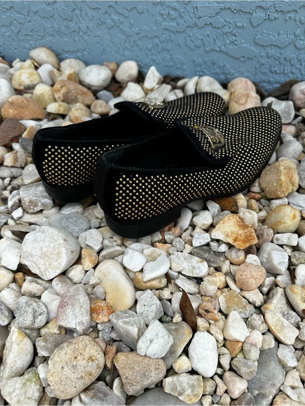 Stacy Adams Black Velvet Studded Slip-On Loafers with Gold Crest